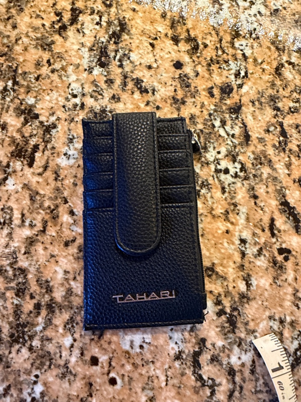 Tahari Black Pebbled Leather Wallet with Snap Strap